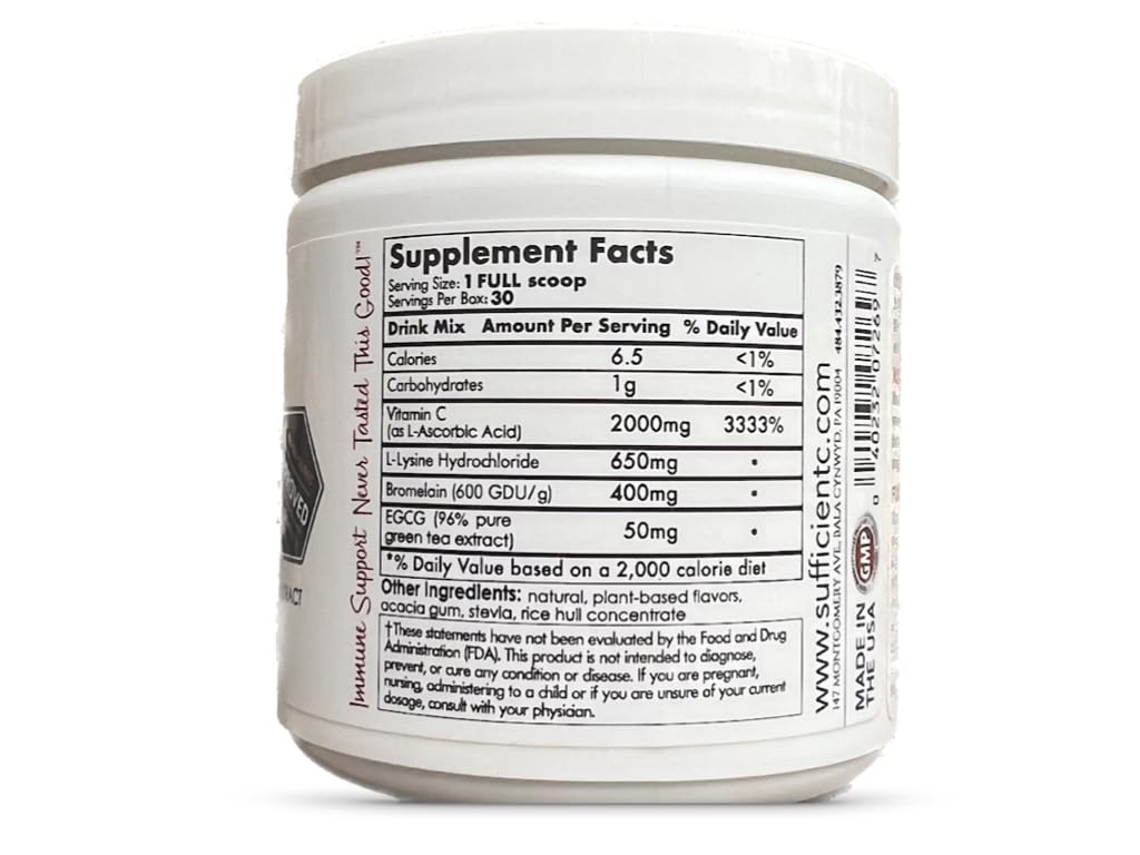 Sufficient-C High Dose Non-GMO Vitamin C Lemon Peach Immune-Ade Drink Mix, Convenient 125 Gram Size w/L-lysine, Bromelain & a Premium 96% Pure Green Tea Extract Sufficient-C buy supplements canada