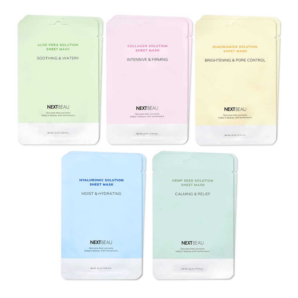 NEXTBEAU Solution Sheet Mask Variety Pack, 10 Count (5 Types x 2 Sheets), 0.74 fl oz Each, Korean Facial Sheet Masks for Daily Skincare NEXTBEAU buy supplements canada