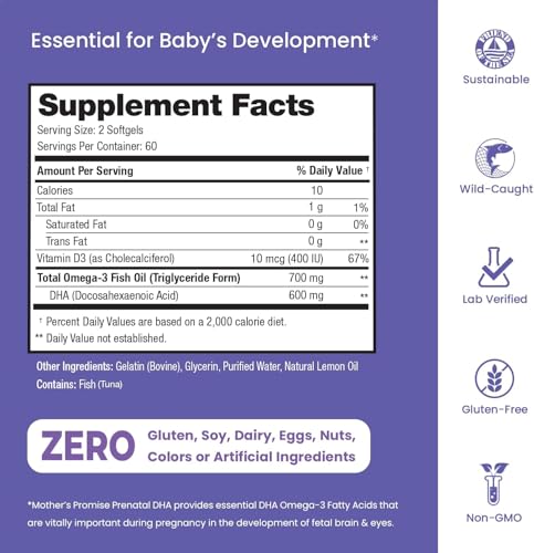 Prenatal DHA for Women 600mg + 400 IU Vitamin D3 | 120 Softgels | Supports Brain Health | Triglyceride Omega 3 Fish Oil DHA Prenatal Vitamins for Pregnancy & Nursing | 300mg per Capsule Mother's Promise buy supplements canada