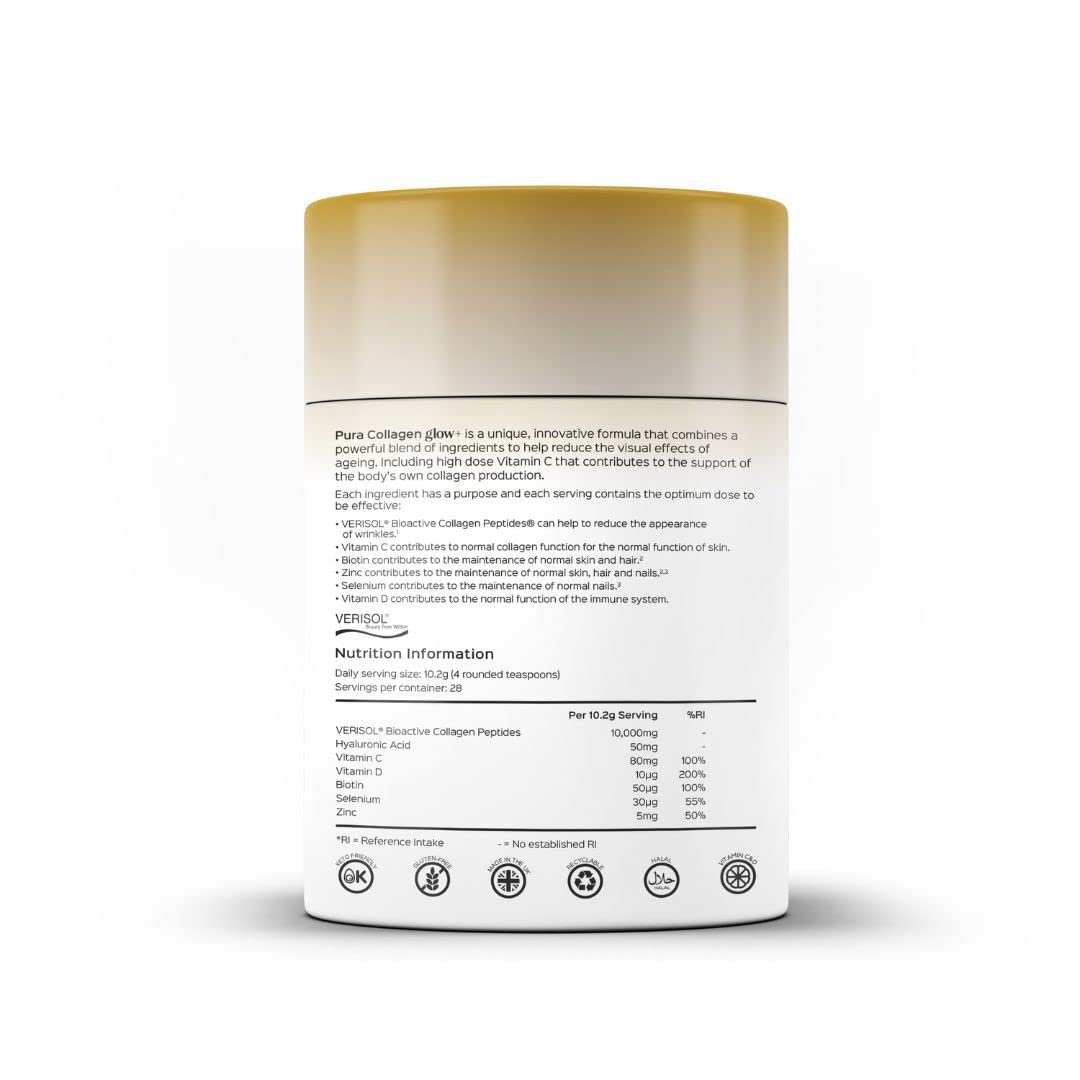 Pura Collagen Powdered Supplement Glow+, 10,000mg Hydrolysed Peptides, Hyaluronic Acid, Vitamins & Minerals, 28 Servings, 284 g Pura Collagen buy supplements canada