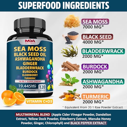Sea Moss Black Seed Oil Ashwagandha Ginger - Multimineral Sea Moss Capsules MDA Supplements buy supplements canada