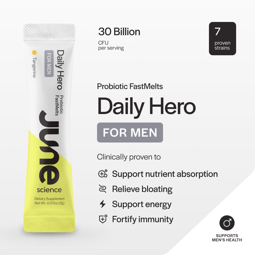 June Science Daily Hero for Men | Fast Melt Pre + Probiotic for Men - Tangerine Flavor, 30 Powder Sachets June Science buy supplements canada
