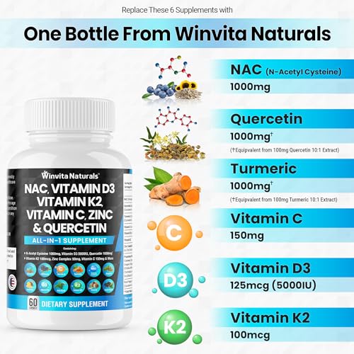NAC Supplement N-Acetyl Cysteine 1000mg Vitamin C Vitamin D3 K2, Zinc, Turmeric Curcumin Winvita Naturals buy supplements canada