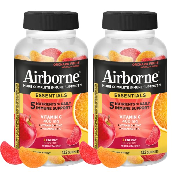 Airborne 400mg Vitamin C Gummies for Adults & Children, Immune Essentials Daily Immune Support Supplement with Vitamins C & E - Orchard Fruit Flavor, 132 Gummies (Pack of 2) Airborne buy supplements canada