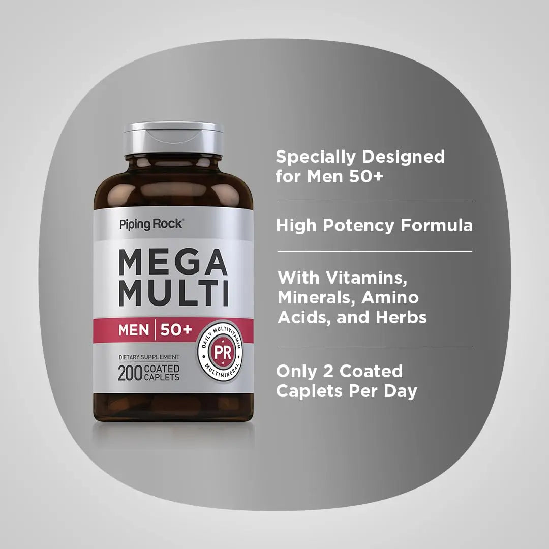 Piping Rock Multivitamin for Men Over 50+ | 200 Caplets | Mega 50 Plus Daily Multimineral | with Magnesium, Calcium, Zinc | Piping Rock buy supplements canada