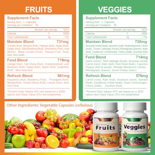 VBTOP Fruit & Vegetable Supplement - Natural Ingredients - 2 Bottles - 180 Capsules Total | A Blend of 20+19 Natural Whole Fruits & Vegetables, a Fresh superfood Formula Rich in Vitamins and Minerals VBTOP buy supplements canada