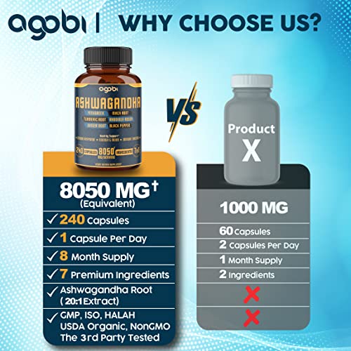 240 Capsules - 8 Month Supply - 7in1 Ashwagandha 8050mg - Combined With Fenugreek agobi buy supplements canada