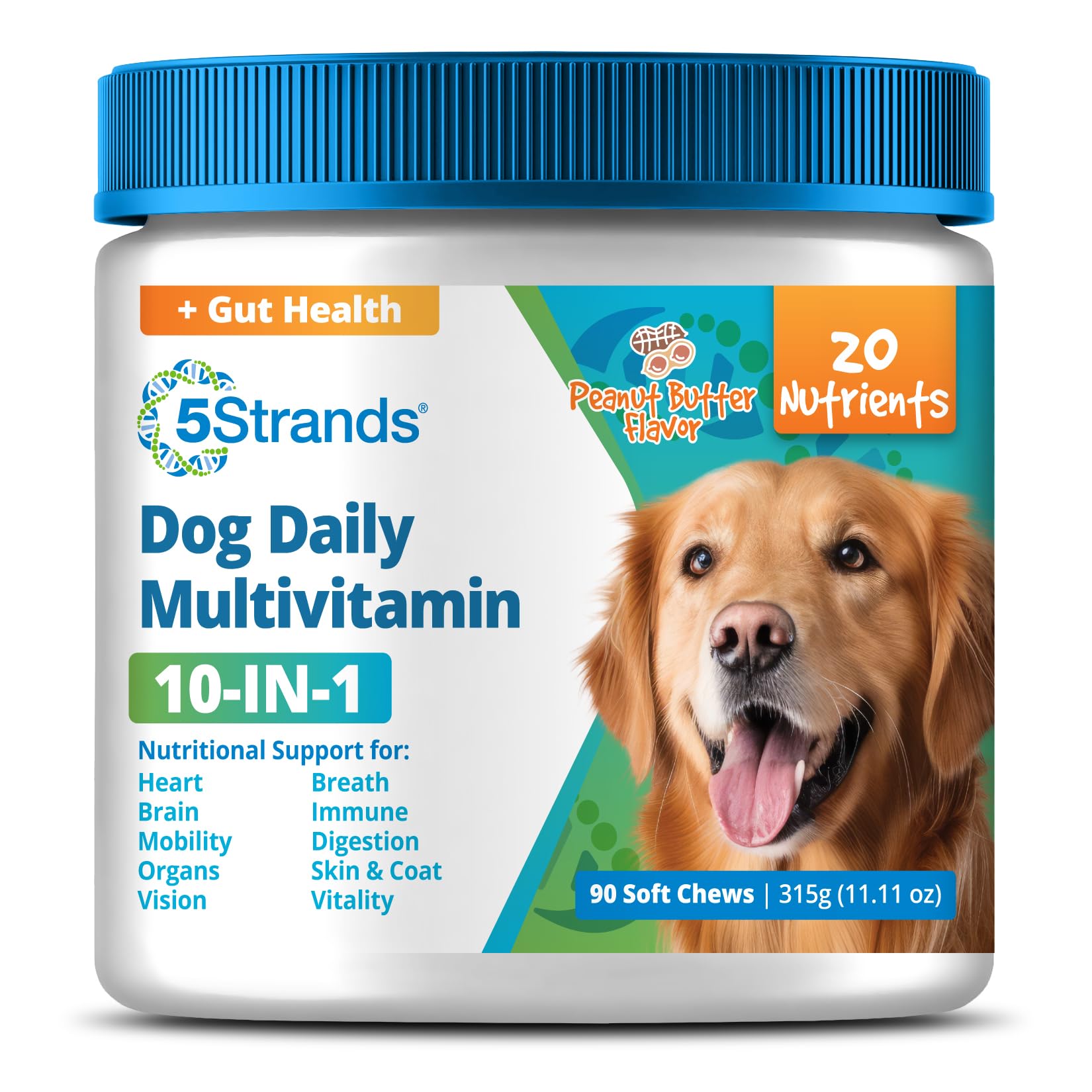 5Strands Dog Multivitamin Chews, 10-in-1, Vitamins & Postbiotics, All Ages & Breeds - Digestion, Brain, Organs, Heart, Mobility, Vision, Skin & Coat, Immunity - Dog Supplement (Peanut Butter, 90ct) - OzHealthStandard