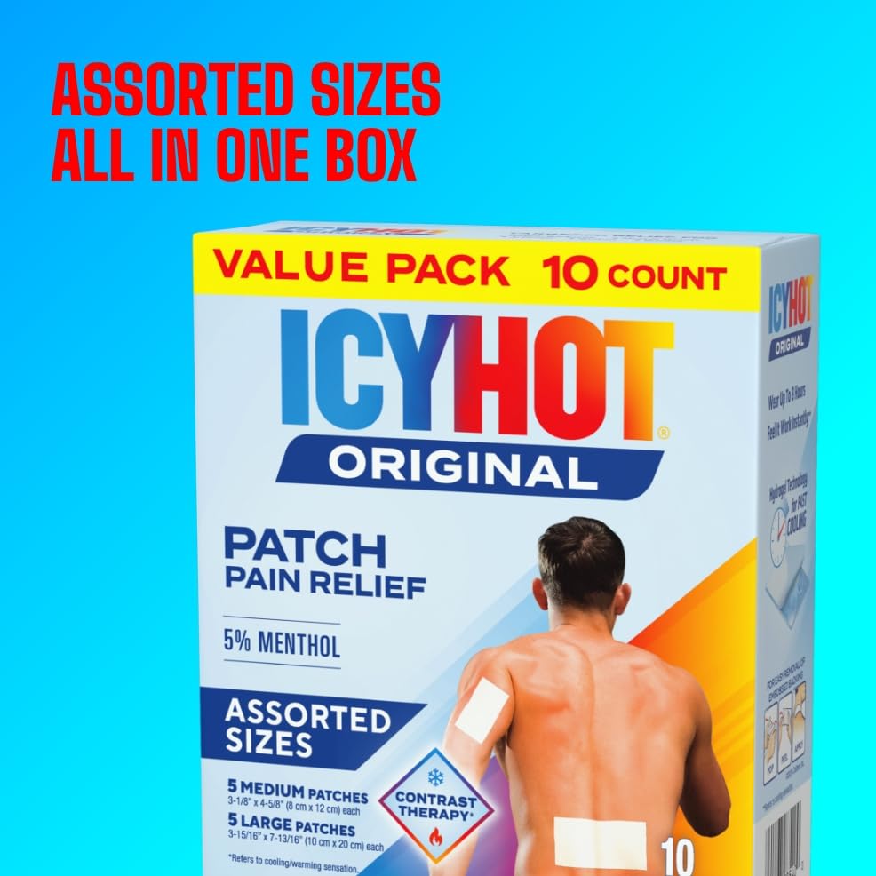 Icy Hot Original Pain Relief Patch Variety Pack with 5% Cooling Menthol for Fast-Acting Muscle and Joint Pain Relief, 5 Medium and 5 Large Comfortable Fabric Patches, 10 Ct., 2 pk Icy Hot buy supplements canada