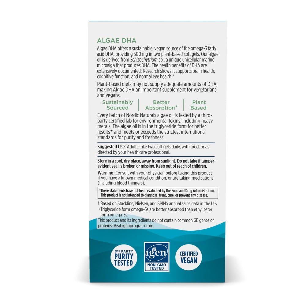 Nordic Naturals Algae DHA - 60 Soft Gels - 500 mg Omega-3 DHA - Certified Vegan Algae Oil - Plant-Based DHA - Brain, Eye & Nervous System Support - Non-GMO - 30 Servings Nordic Naturals buy supplements canada