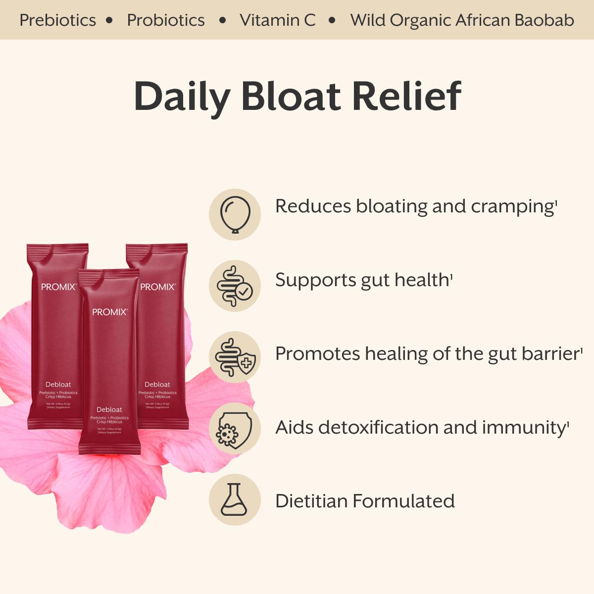 ProMix Nutrition Debloat Prebiotics and Probiotics Immune Support Supplement for Digestion, Cortisol Health, Gut Cleanse - Hibiscus ProMix Nutrition buy supplements canada