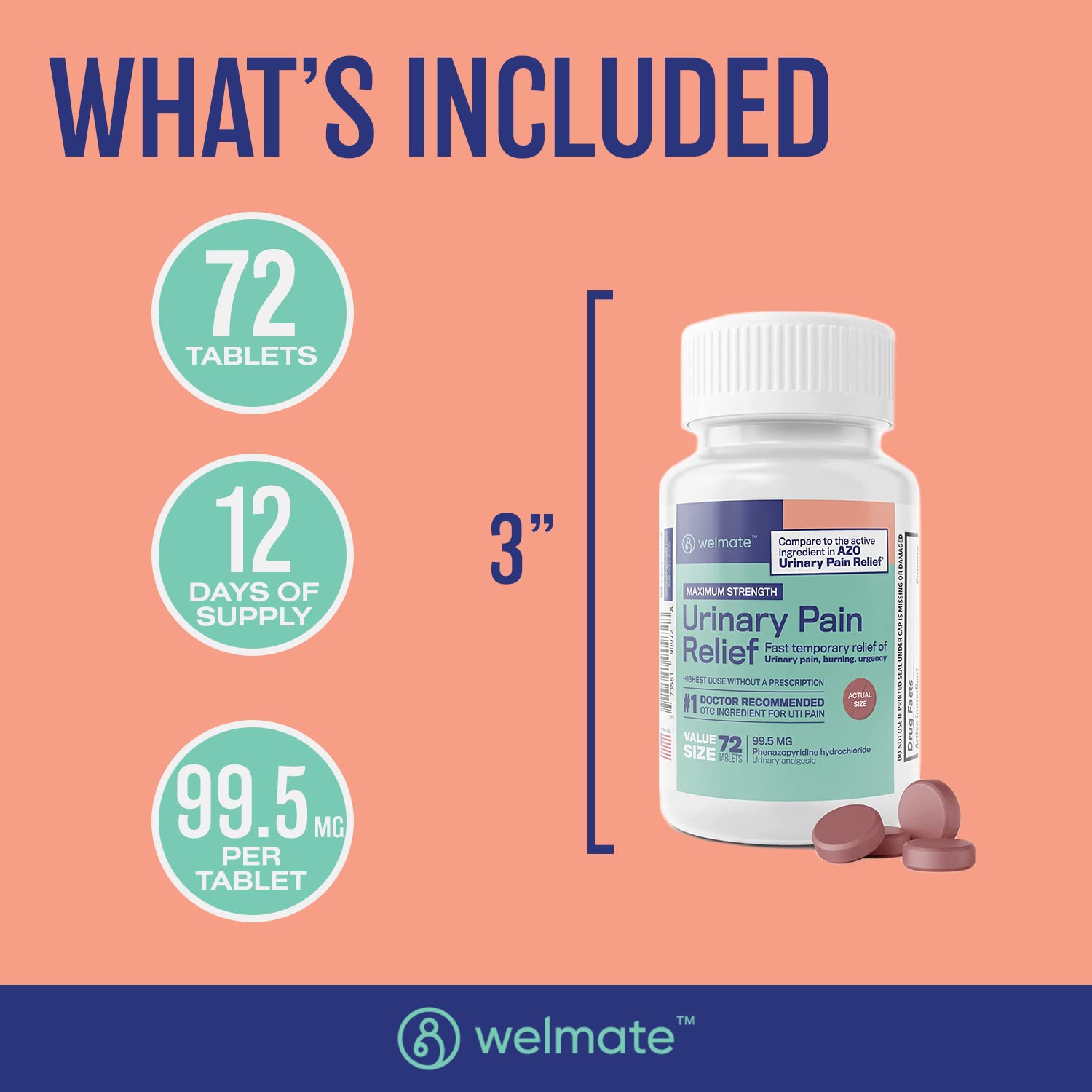 WELMATE Urinary Pain UTI Relief Maximum Strength (Phenazopyridine HCL) - Improve Urinary Tract Health & Bladder Control, Urgency, & Discomfort | Over-The-Counter Medication for Men & Women (72 Pills) WELMATE buy supplements canada