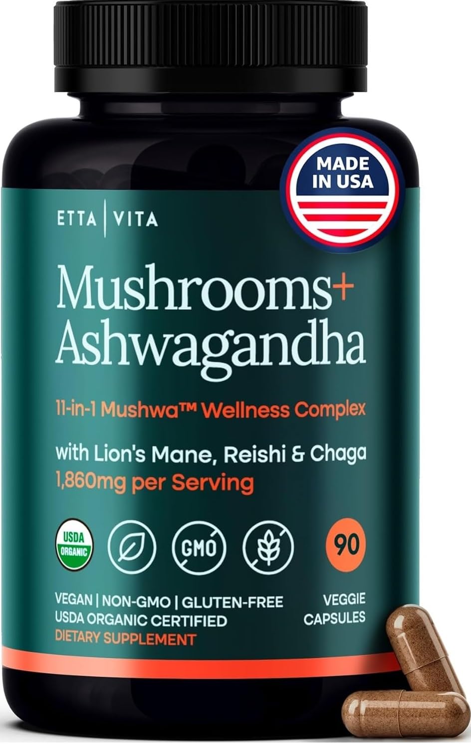 USDA Organic Lions Mane Supplement Capsules with Ashwagandha, Chaga, Reishi, Cordyceps, Turkey Tail (18,600mg/serv) 10x Adaptogenic Mushroom Complex as Focus Supplement - Energy, Immunity & Nootropic Etta Vita buy supplements canada