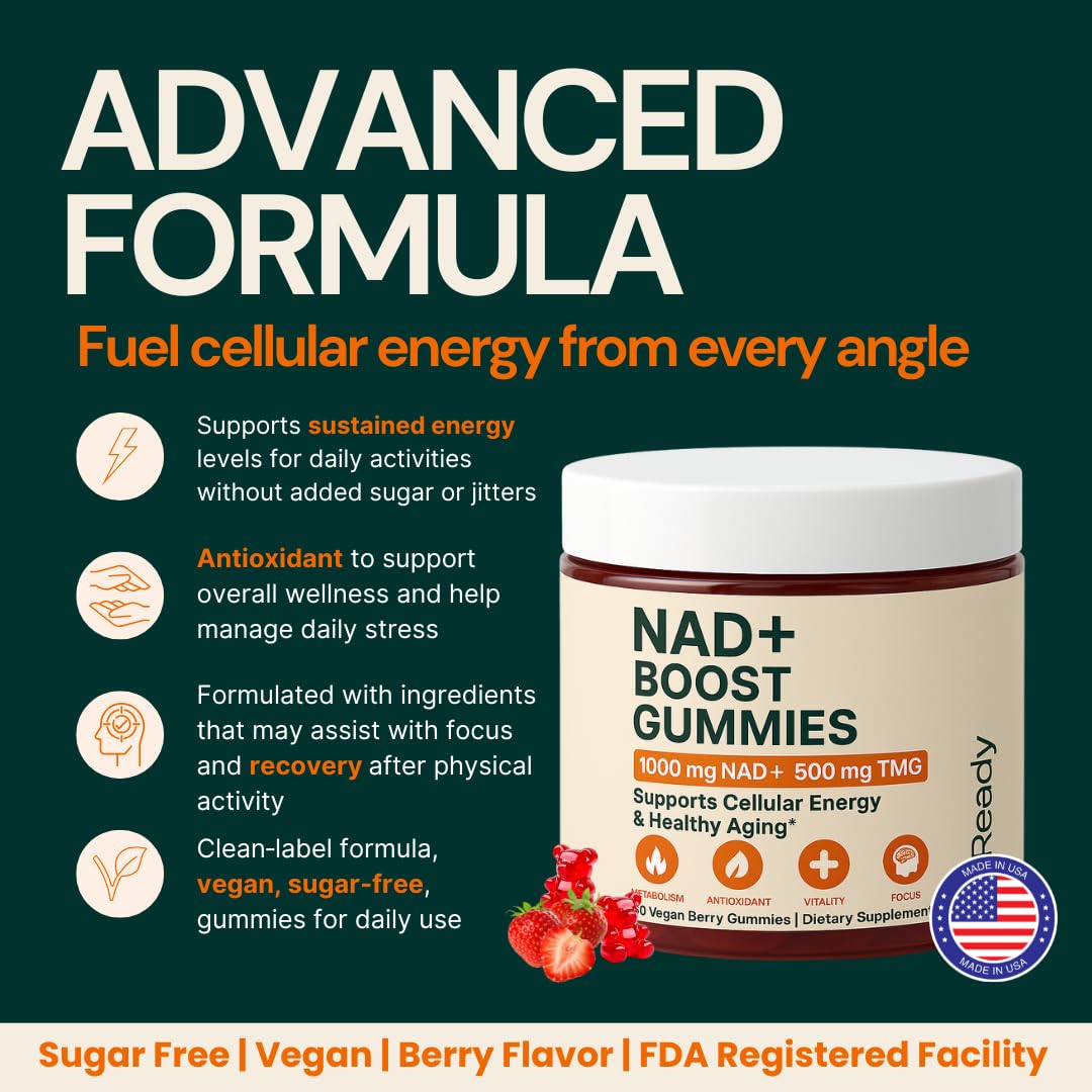b.Ready NAD+ Gummies, Premium 1000 mg NAD Supplement with 500 mg TMG, Grape Seed & Black Pepper Extract – NAD+ for Healthy Aging, Cellular Energy & Antioxidant Support, Vegan, Sugar-Free, 60 Count b.Ready buy supplements canada