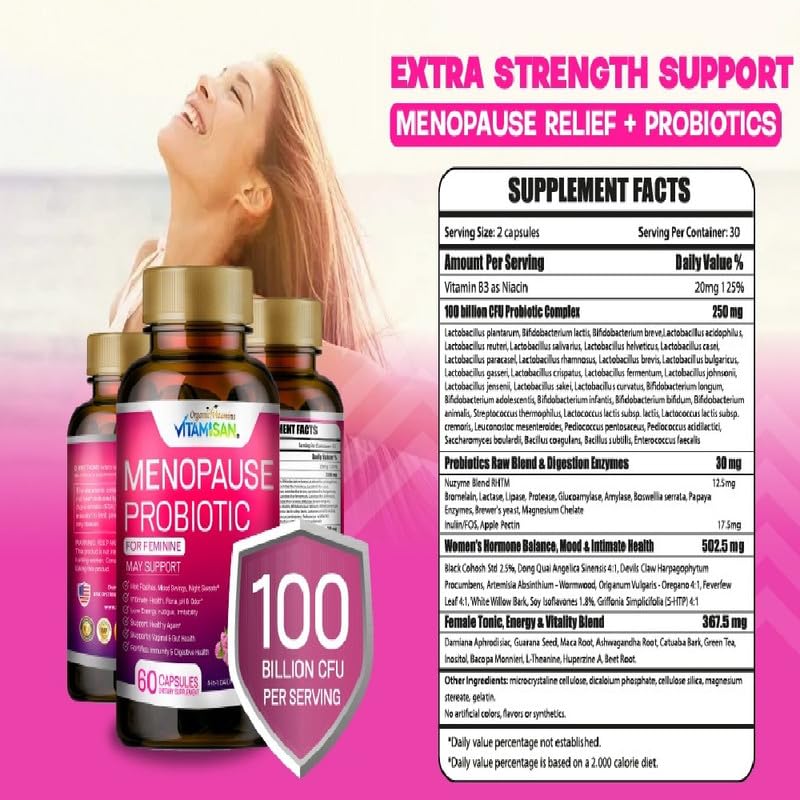 Menopause Support for Women – Hormone-Free Prebiotics & Probiotics 100 Billion CFU with Black Cohosh & Ashwagandha | Feminine Care, pH Balance, Vaginal Health, Hot Flashes, Night Sweats & Mood Swings VITAMISAN buy supplements canada