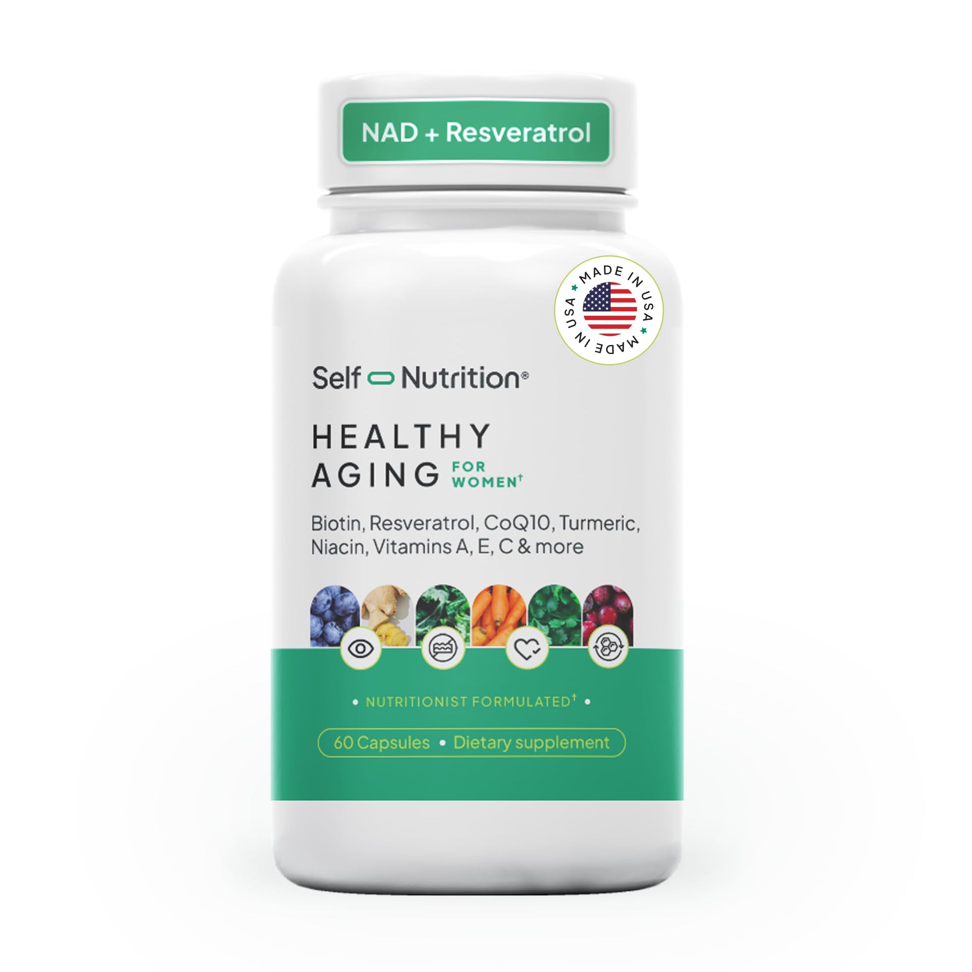SELF NUTRITION NAD+ Resveratrol Supplement for Women – Healthy Aging Formula with CoQ10, Biotin, Turmeric & Vitamins A, C, E – Supports Energy, Skin & Longevity – 60 Capsules. Made in USA. SELF NUTRITION buy supplements canada