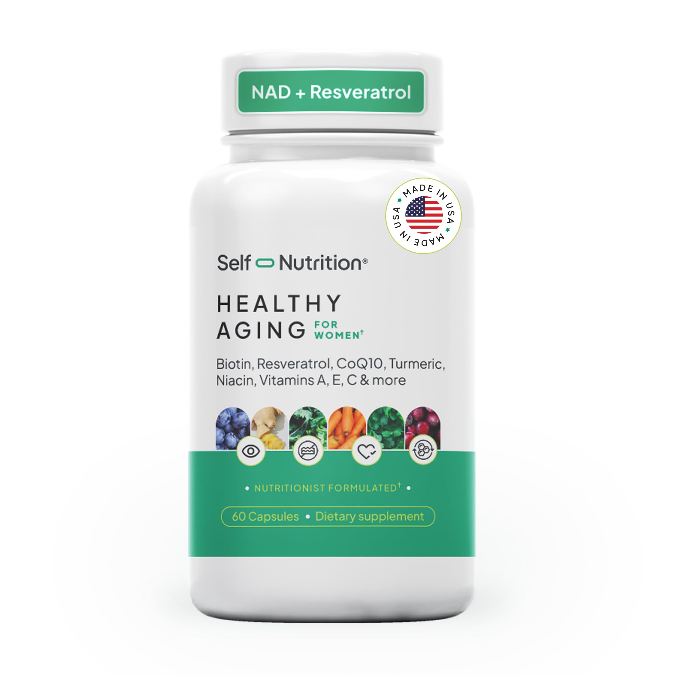 SELF NUTRITION NAD+ Resveratrol Supplement for Women – Healthy Aging Formula with CoQ10, Biotin, Turmeric & Vitamins A, C, E – Supports Energy, Skin & Longevity – 60 Capsules. Made in USA. SELF NUTRITION buy supplements canada