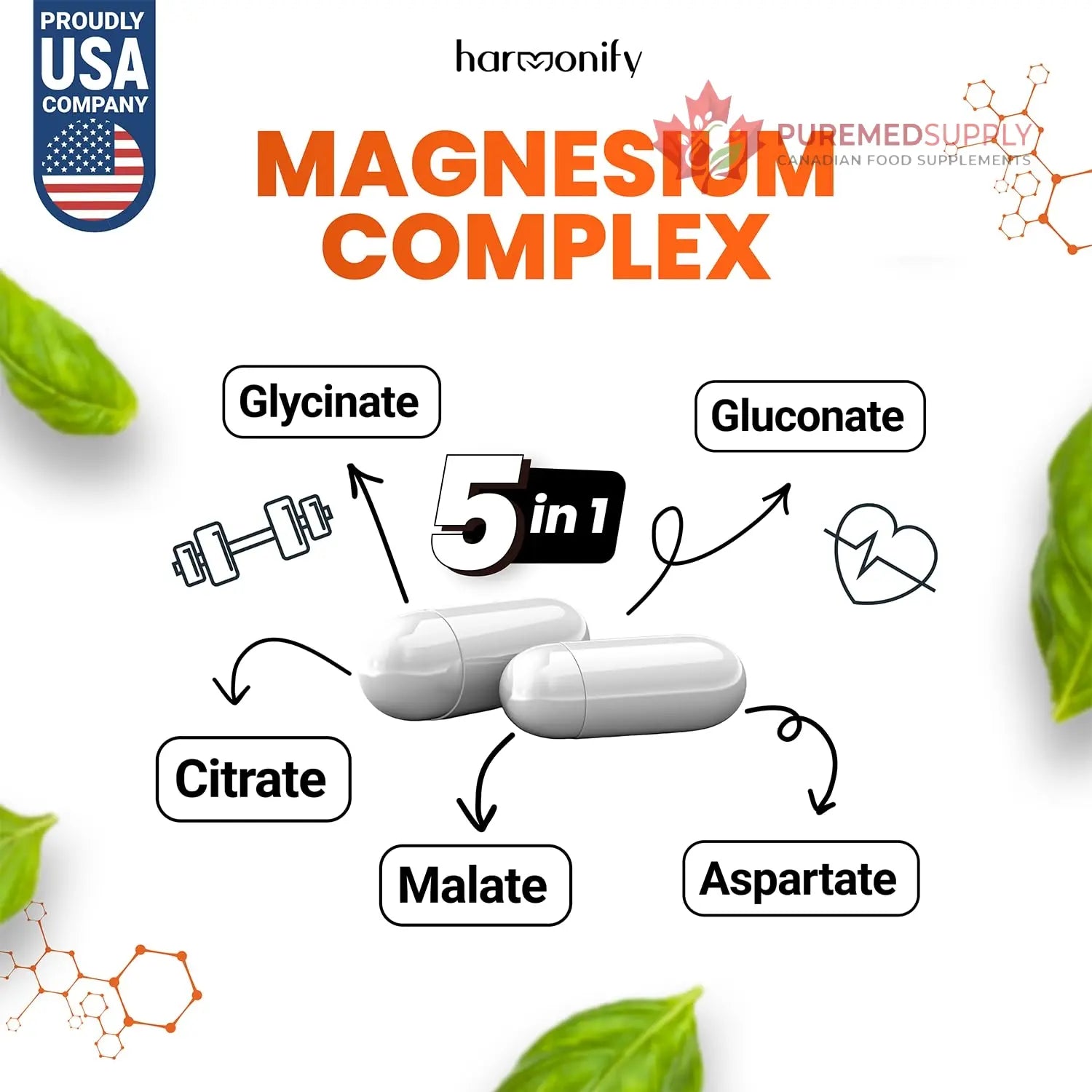 HARMONIFY Magnesium Glycinate Citrate Malate Aspartate Gluconate, 5 in 1 Formula, 120 Purified Veggie Capsule, 1000 mg, Gluten Free, Non-GMO, 60 Days Serving HARMONIFY buy supplements canada