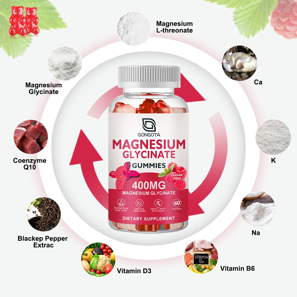 Magnesium Glycinate Gummies 400 mg with 100 mg Composite magnesium - Chelated Magnesium Potassium Supplement with Vitamin D, B6 Supports Calm, Sleep, Memory & Muscle Cramps,Sugar Free - 120 Gummies GONGOTA buy supplements canada