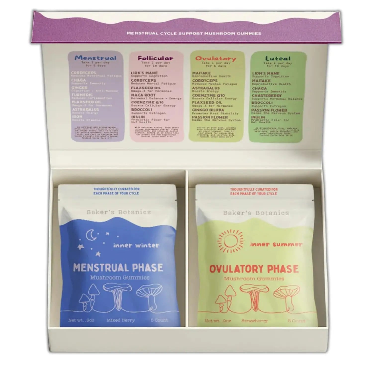 Period ovulatory & PMS Support Supplement for Women – Hormone Balance + 4-Phase Menstrual Cycle Kit | Vegan Functional Mushroom Gummies by Baker’s Botanics (Pack of 6)(30 Gummies) Baker's Botanics buy supplements canada