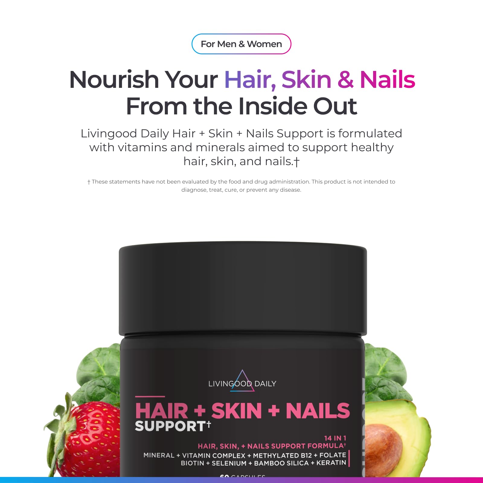 Livingood Daily Hair, Skin & Nails Supplement, 14-in-1 Formula with Biotin, Collagen, Keratin, Bamboo, Selenium, Folate, B12, Zinc and More, Beauty Supplement for Women & Men, Gluten Free, 60 Capsules Livingood Daily buy supplements canada