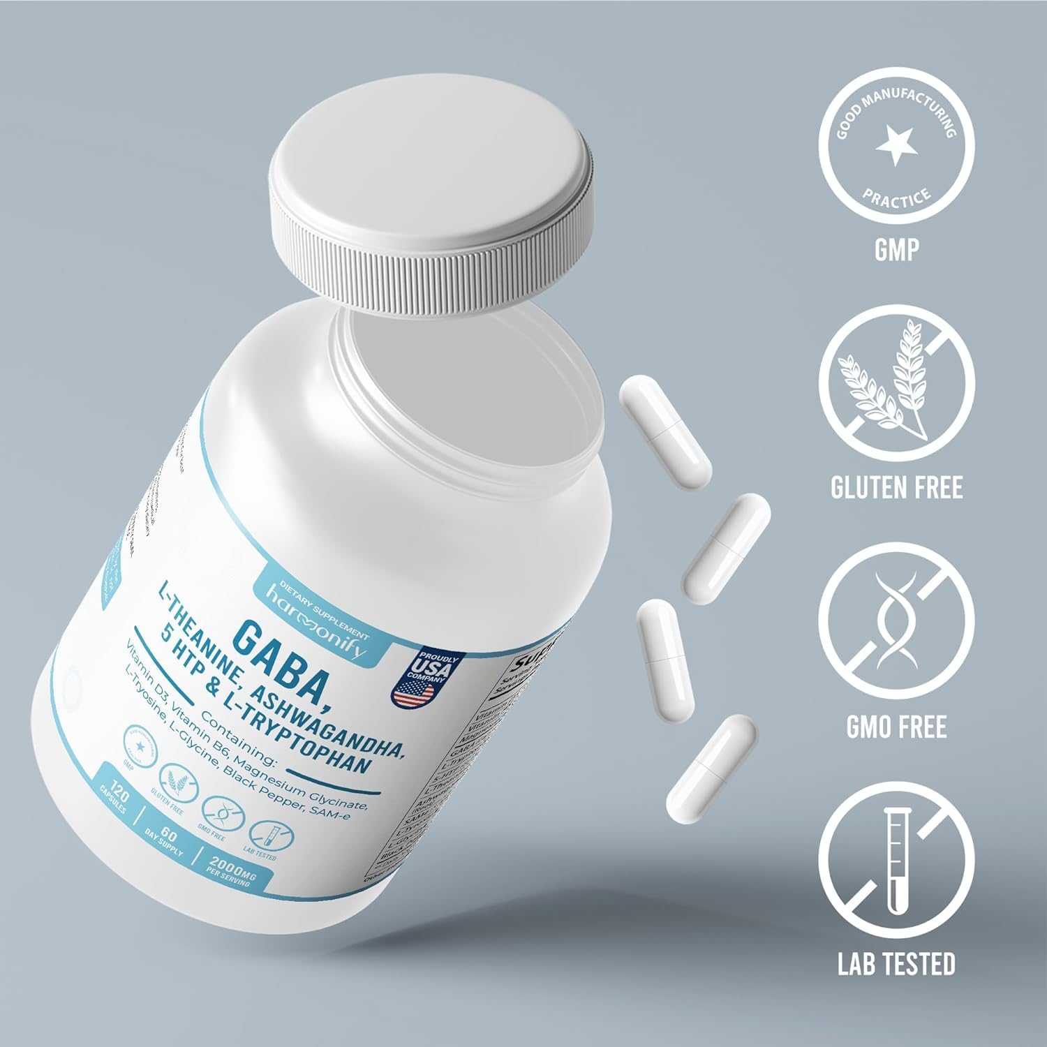 HARMONIFY GABA L-Theanine Supplements with Magnesium Glycinate, Ashwagandha, Same, 5-HTP and L-Tryptophan, 12 in 1 Supplements, 120 Capsules, 2000 mg HARMONIFY buy supplements canada