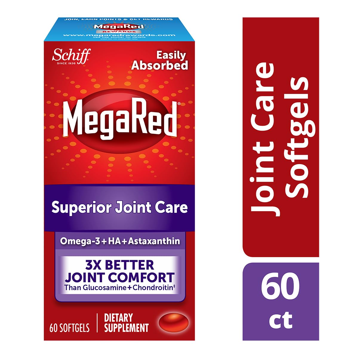 Omega-3 Krill Oil and Joint Supplement - Megared Joint Care 60 softgels - EPA/DHA fatty acids, Antioxidants, Hyaluronic acid, No fishy burp aftertaste as with Fish Oil MegaRed buy supplements canada