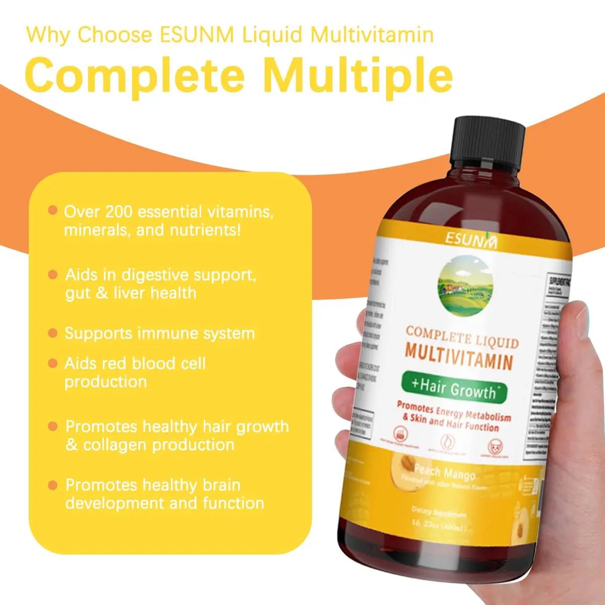 ESUNM Complete Liquid Multivitamin + Hair Growth, Promotes Energy Metabolism& Skin and Hair Function| Vitamin C D | B Vitamins | ESUNM buy supplements canada