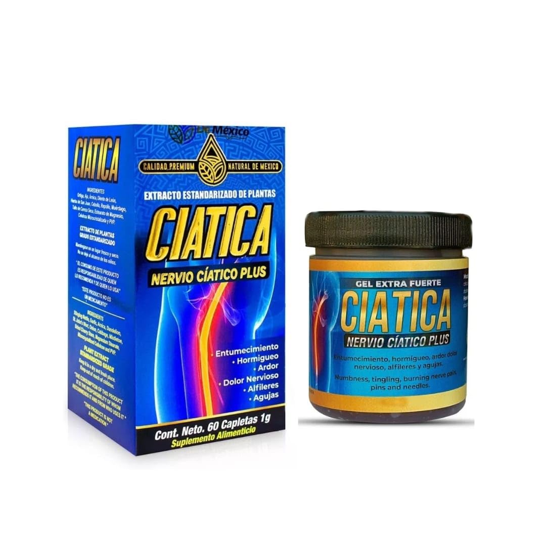 Set con Suplemento Ciatico Tratamiento Nervio Plus 60 Capsulas + Gel Extra Fuerte Ciatica 250 grs. Natural de Mexico/Entumecimiento, Hormigueo, Ardor, Dolor Nervioso, Alfileres o Agujas. (2) Generic buy supplements canada
