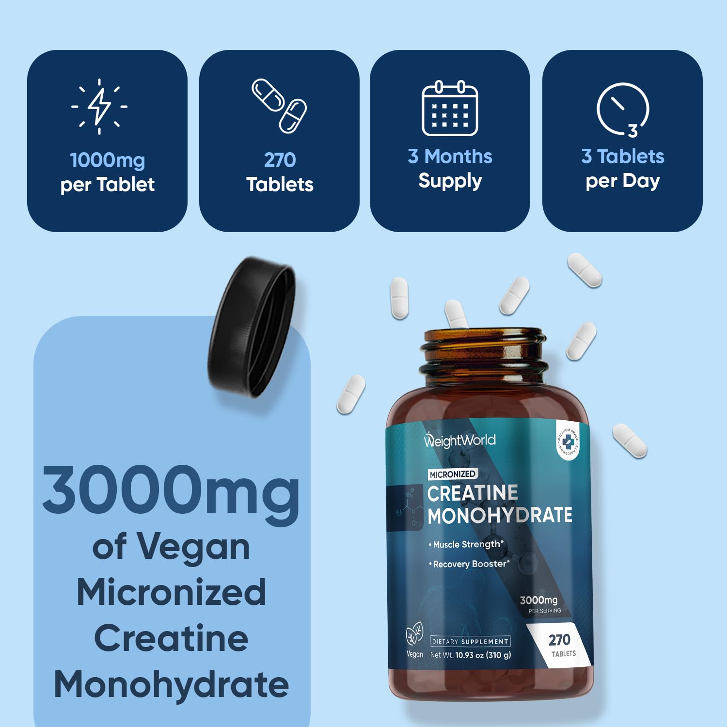 WeightWorld Micronized Creatine Monohydrate 3000mg Vegan Tablets | Muscle Strength & Recovery Booster | 3 Months Supply - 270 Tabs | Creatine for Women & Men | Non-GMO, Gluten-Free | 3 Tablets a Day WeightWorld buy supplements canada