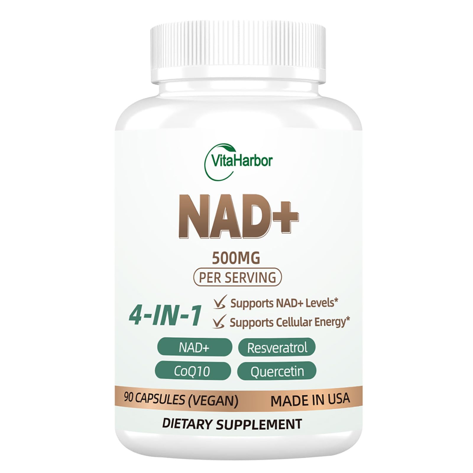 NAD Supplement 500mg, Pure Organic NAD+ Supplement for Women & Men, NAD+ with Trans-Resveratrol & CoQ10 & Quercetin for Cellular Energy & Healthy Aging, NMN Alternative (90 Vegan Caps) VitaHarbor buy supplements canada