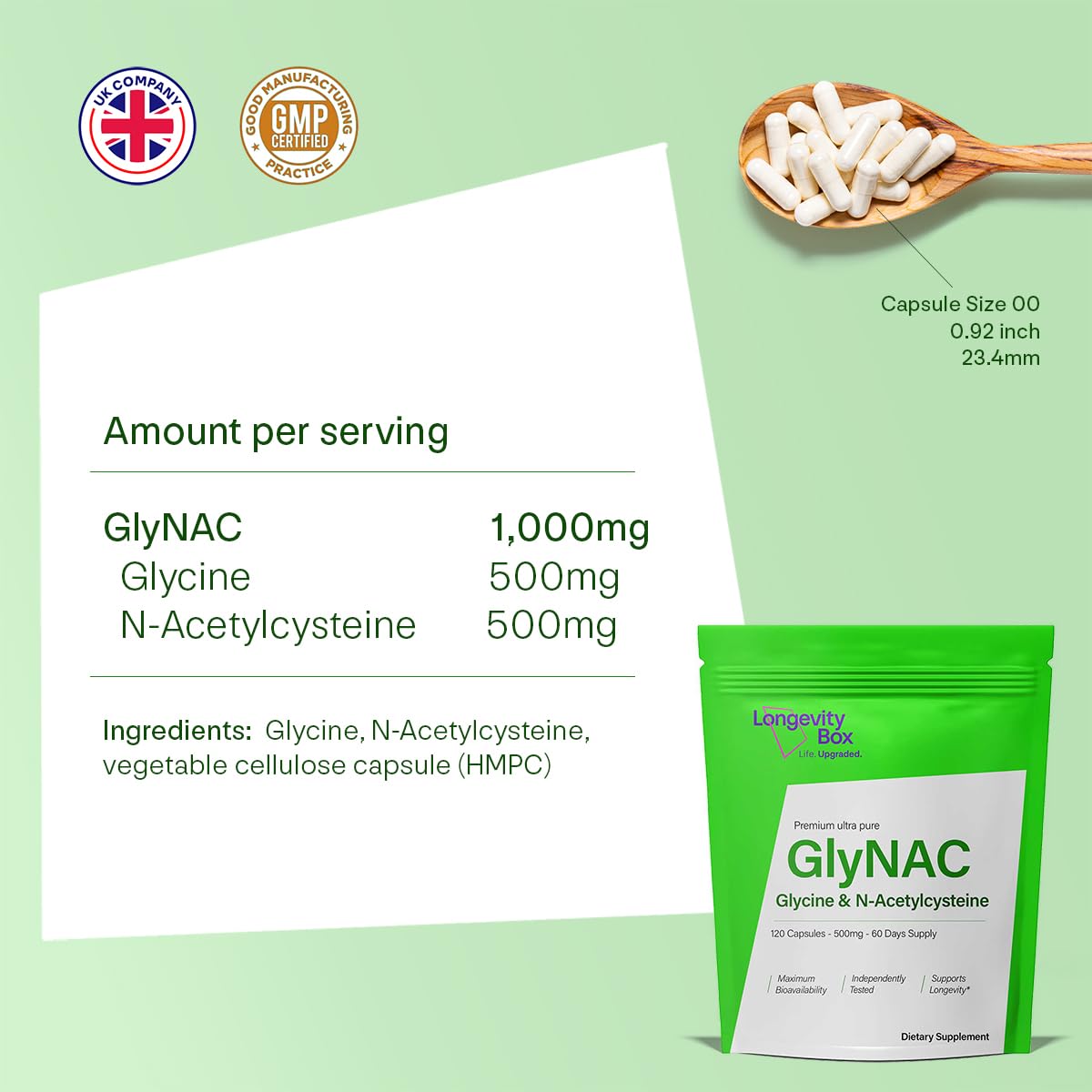 Longevity Box Ultra Pure GlyNAC Supplement 1000mg (500mg Glycine + 500mg N-Acetyl Cysteine) - Glutathione Precursor for Healthy Aging, Energy & Cellular Protection - 120 Vegan Capsules Longevity Box buy supplements canada