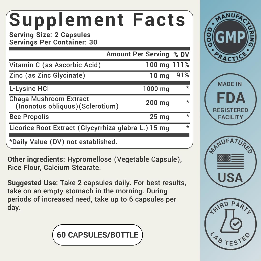 L-Lysine Cold Sore Treatment For Lips With Immune Support - L Lysine 1000mg Capsules, Chaga, Bee Propolis, Vitamin C, Zinc & Licorice Root Extract - Non-GMO, Vegetarian, Ideal Wellness buy supplements canada