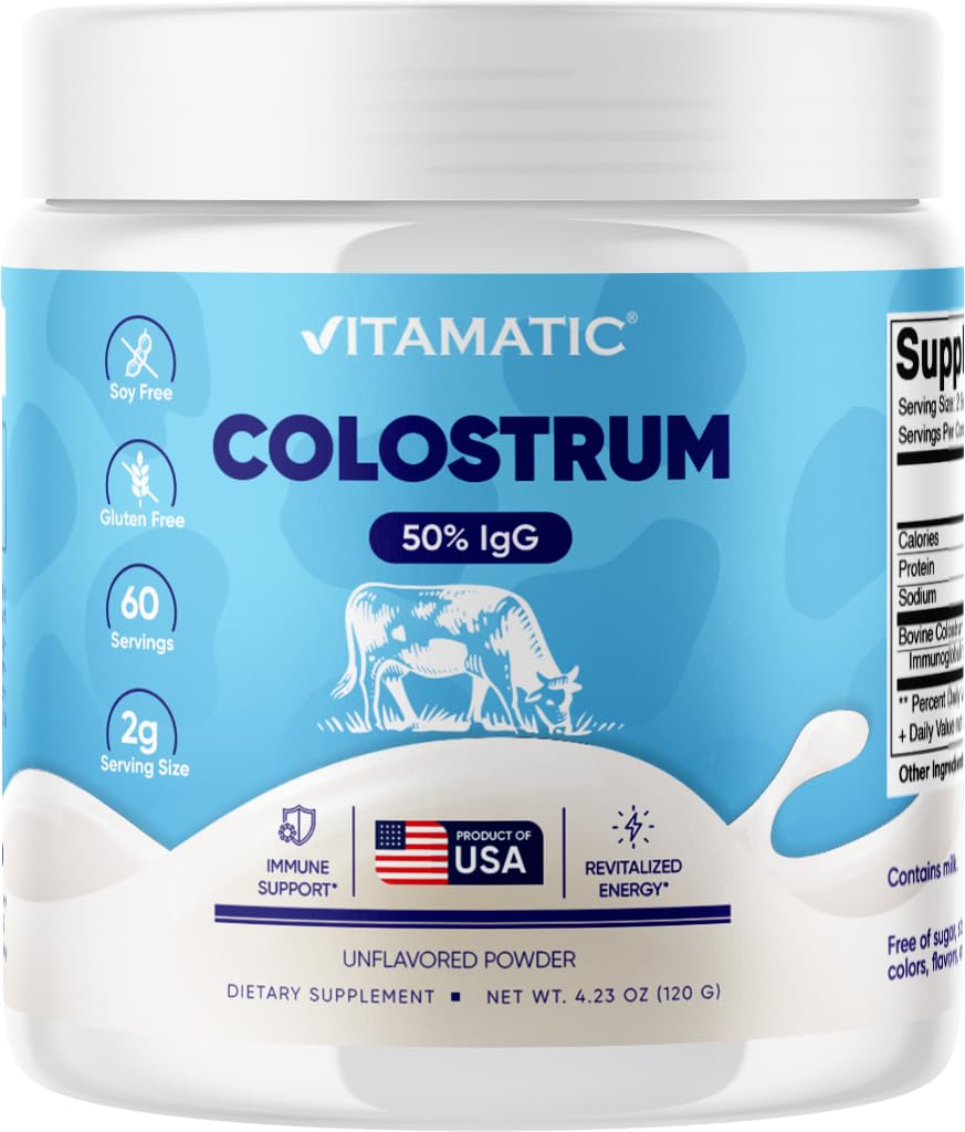 Vitamatic Bovine Colostrum Powder - 50% Highest IgG -120 Gram - Supplement for Gut Health, Hair Growth, Beauty, Muscle Recovery, & Immune Support - Easy to Mix - Unflavored - 60 Servings Vitamatic buy supplements canada