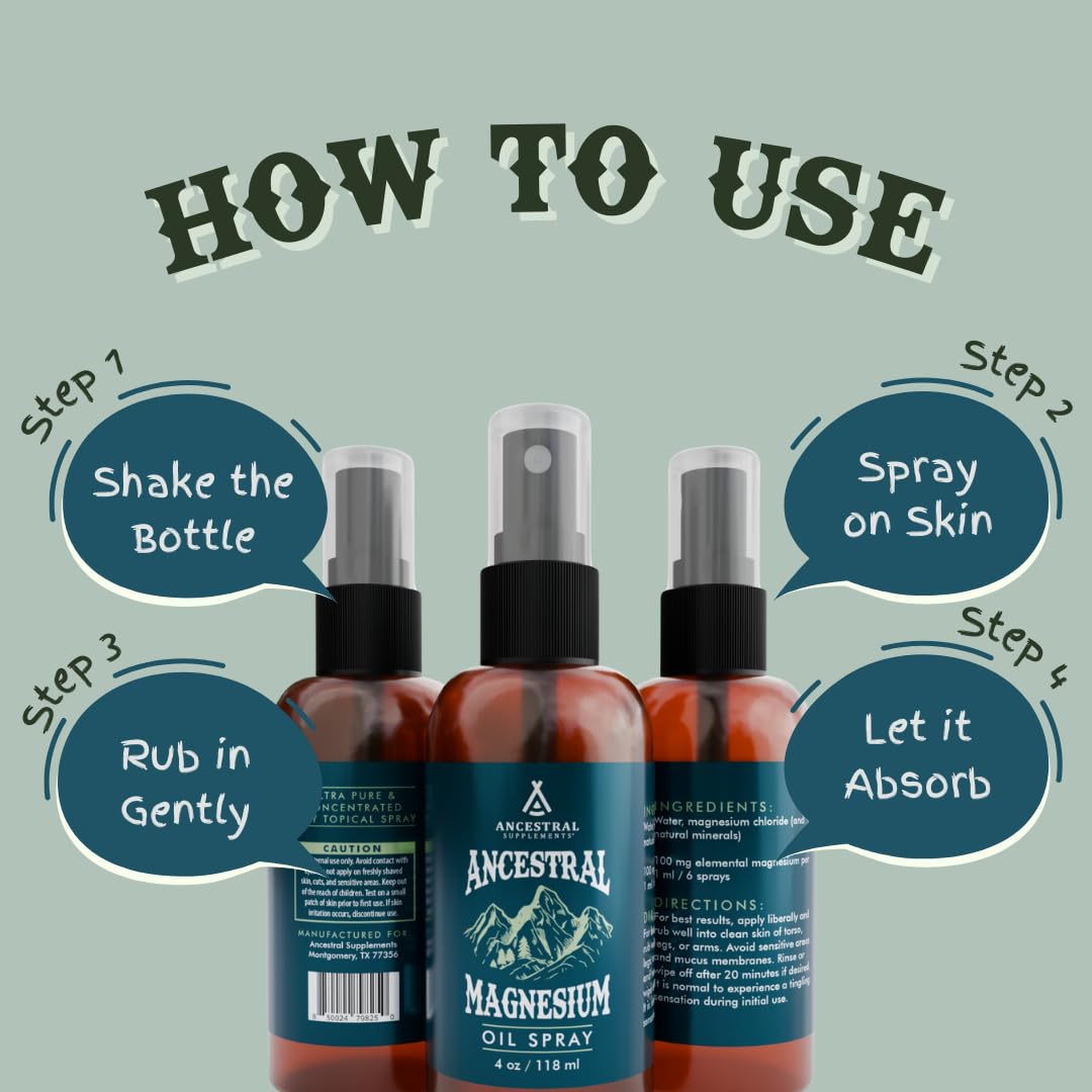 Ancestral Supplements Magnesium Spray, Magnesium for Sleep + Muscle Support, Made with Magnesium Chloride & Natural Minerals, Fast Absorbing Topical Magnesium Oil Supplement for Body Application, 4 oz Ancestral Supplements buy supplements canada