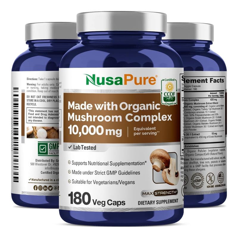 NusaPure Organic Mushroom Complex 10,000mg per Capsule, 180 Veggie Caps, Non-GMO, Enoki, Turkey Tail, Reishi, Chaga, Maitake NusaPure buy supplements canada