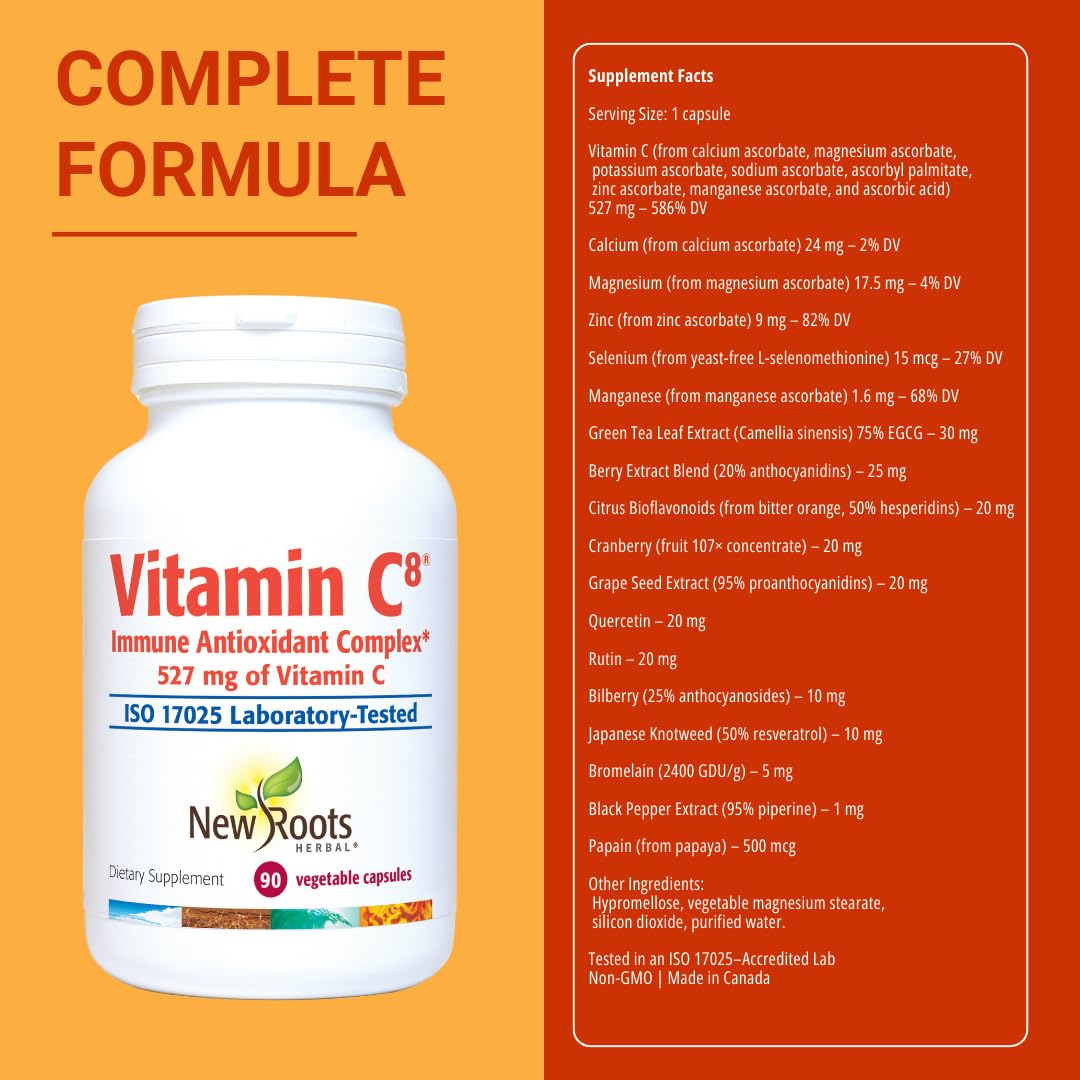 Vitamin C8 + Zinc Supplement for Higest Absorption (90 Capsules) | 527mg per Portion | 8 Buffered Sources of Vitamin C with Bioflavonoids, Green Tea & Quercetin for Stronger Defense | 3 months Supply NEW ROOTS HERBAL buy supplements canada