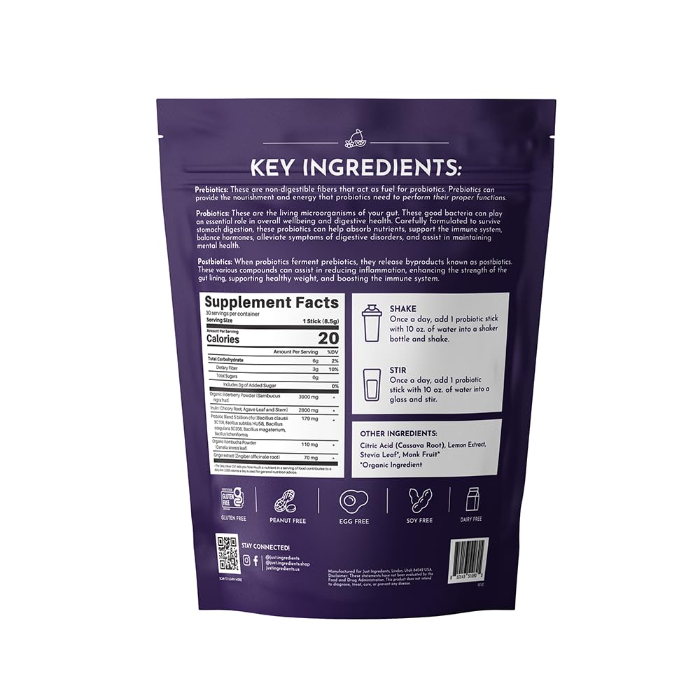 JUST INGREDIENTS Elderberry Lemonade 3-in-1 Probiotic Complex - Prebiotics, Probiotics & Postbiotics - 30 Sticks JUST INGREDIENTS buy supplements canada