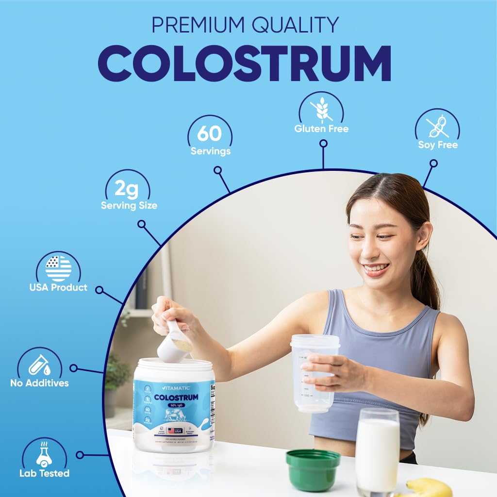Vitamatic Bovine Colostrum Powder - 50% Highest IgG -120 Gram - Supplement for Gut Health, Hair Growth, Beauty, Muscle Recovery, & Immune Support - Easy to Mix - Unflavored - 60 Servings Vitamatic buy supplements canada