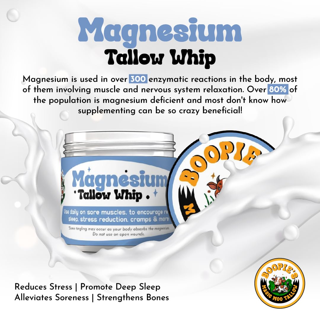 Magic Moo Magnesium Whipped Tallow Skincare for sore muscles, sleep, muscle and period cramps, stress, relaxation & more. Topical magnesium that works. Boopie's Magic Moo Tallow buy supplements canada