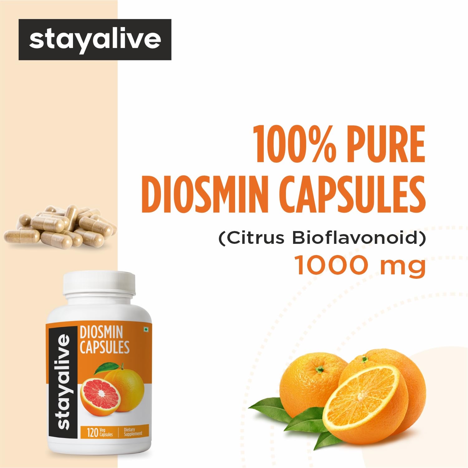 STAY ALIVE Pure Diosmin Complex 1000mg Formula, 120 Capsules, Citrus Bioflavonoids Rich Fruit Extract, 2 Month Supply, 100% Vegetarian, Non-GMO & Gluten Free Diosmin Supplement STAY ALIVE buy supplements canada