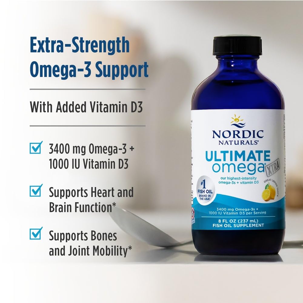 Nordic Naturals Ultimate Omega Xtra Liquid, Lemon Flavor - 8 oz - 3400 mg Omega-3 + 1000 IU Vitamin D3 - EPA & DHA - Brain, Heart, Joint, & Immune Health - Non-GMO - 48 Servings Nordic Naturals buy supplements canada