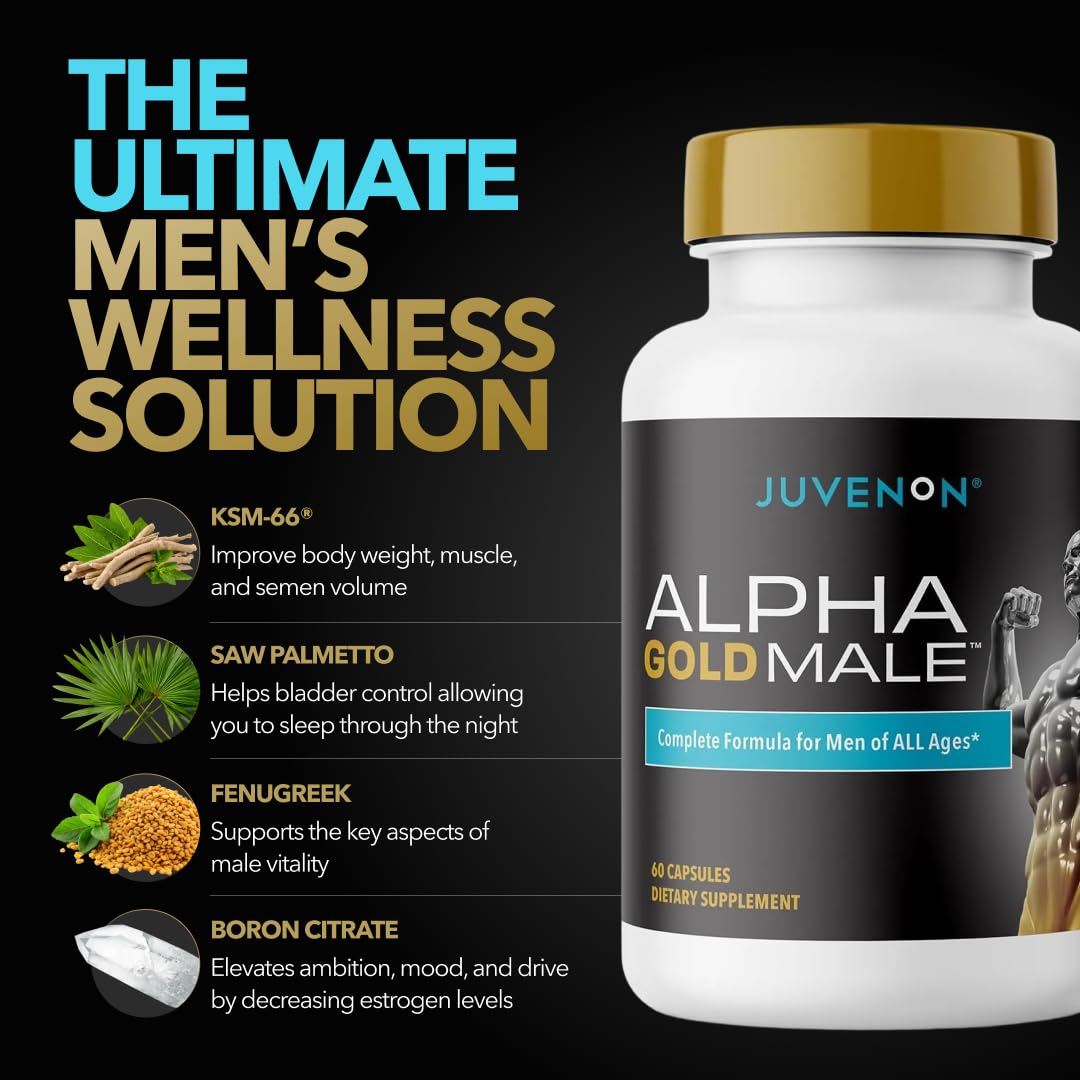 Juvenon Alpha Gold Male Testosterone Booster for Men - T-Support & Male Vitality with KSM-66 Ashwagandha + Fenugreek + Boron Citrate + Saw Palmetto, Non-GMO Vegetarian Capsules Juvenon buy supplements canada