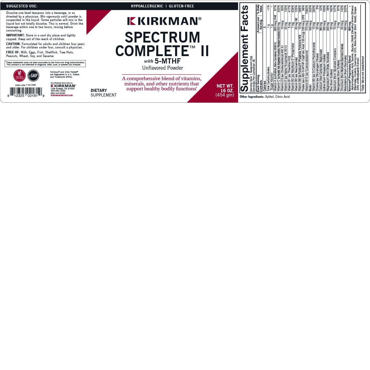 Kirkman Spectrum Complete II Powder - Hypoallergenic - 454 gm/16 oz Kirkman buy supplements canada
