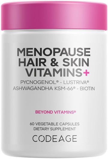 Codeage Menopause Hair & Skin Vitamins+ - Patented Lustriva, Pycnogenol, KSM-66 Ashwagandha - Hair Density Skin Perimenopause Support - Menopause Supplement - 10,000 Mcg Biotin, Wild Yam - 60 Capsules Codeage buy supplements canada