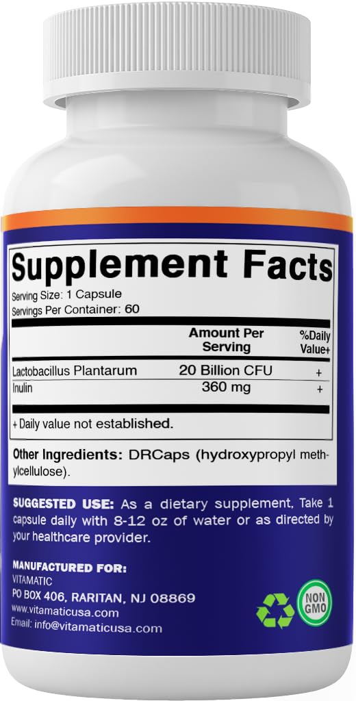 Vitamatic Lactobacillus Plantarum - 20 Billion per DR Capsule - 60 Count - Digestive Support - Made with Prebiotic Inulin Fiber Vitamatic buy supplements canada
