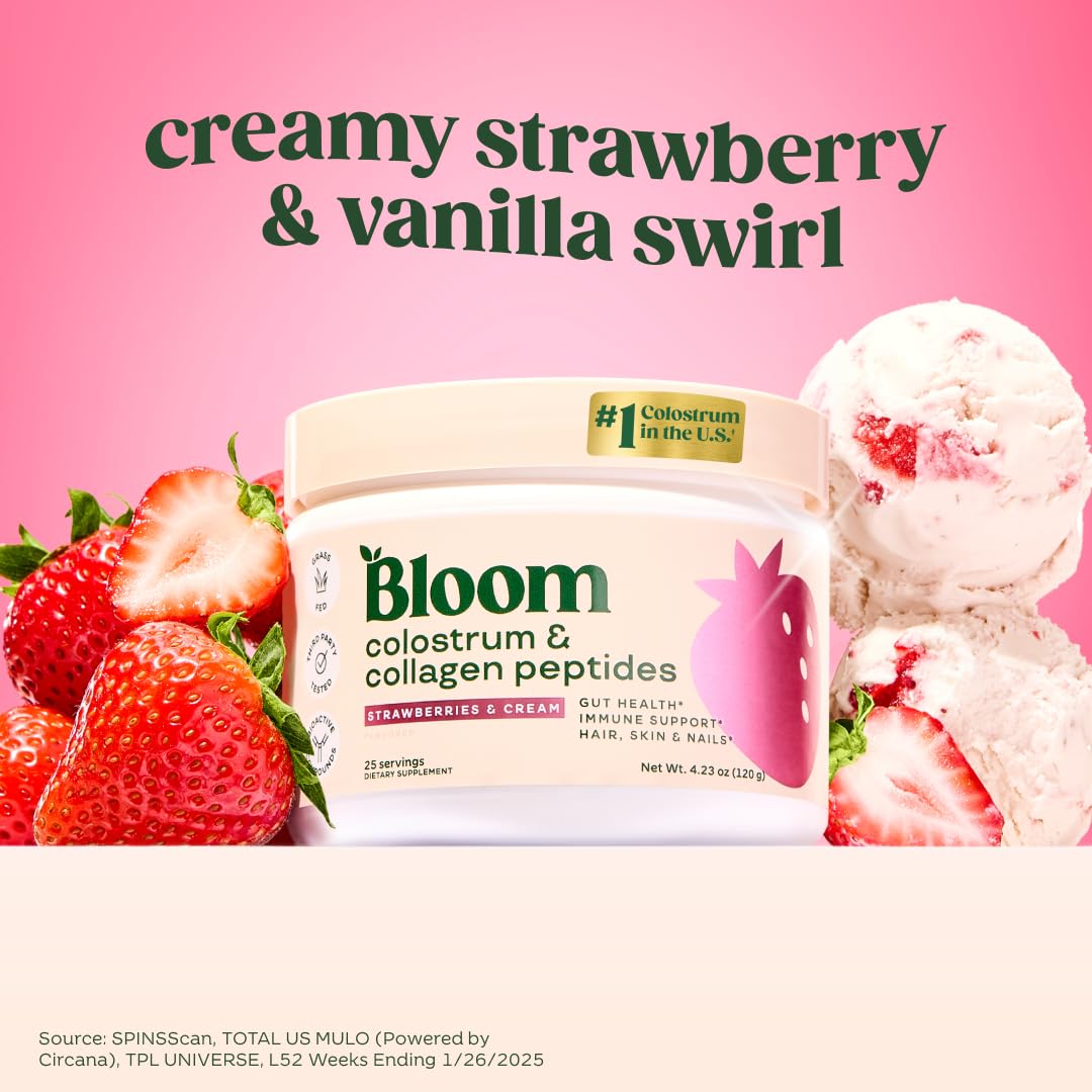 Bloom Nutrition Bovine Colostrum Powder with Vitamin B-12 for Gut Health, Immune Support, Hair Growth & Beauty Supplement | Strawberry, 25 Servings Bloom Nutrition buy supplements canada