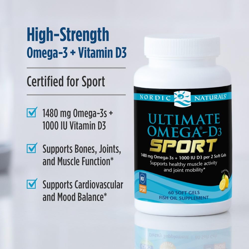 Nordic Naturals Ultimate Omega-D3 Sport, Lemon - 60 Soft Gels - 1480 mg Omega-3 + 1000 IU Vitamin D3 - NSF Certified - Supports Muscle, Bones, Focus & Endurance - 30 Servings Nordic Naturals buy supplements canada