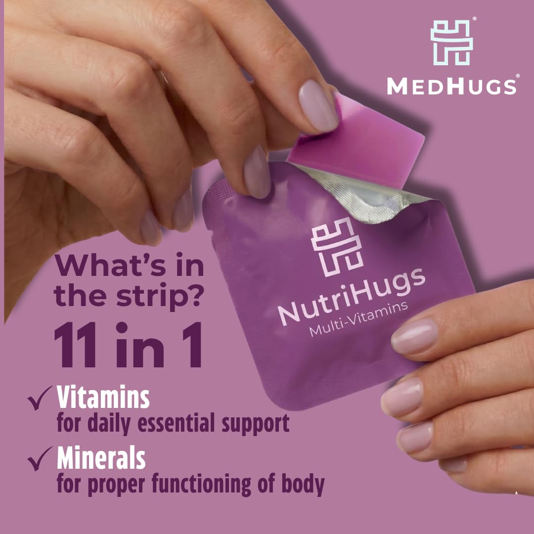 NutriHugs Daily Multivitamin Dissolving Strips - Vitamins A, B-Complex, C, D3 and K2 - 11 Essential Vitamins & Minerals - Vegan, Sugar-Free, Fast-Absorbing Oral Thin Film - Doctor-Founded - 30 Count MedHugs buy supplements canada