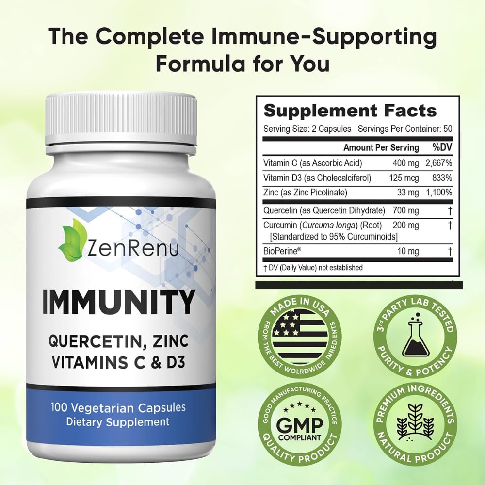 Zenrenu Immunity Quercetin 700 mg Zinc Vitamin C Vitamin D Immune Support Supplement with Curcumin - Easy to Absorb Immunity Supplement, 100 Vegetarian Capsules 50 Day Supply Zenrenu buy supplements canada